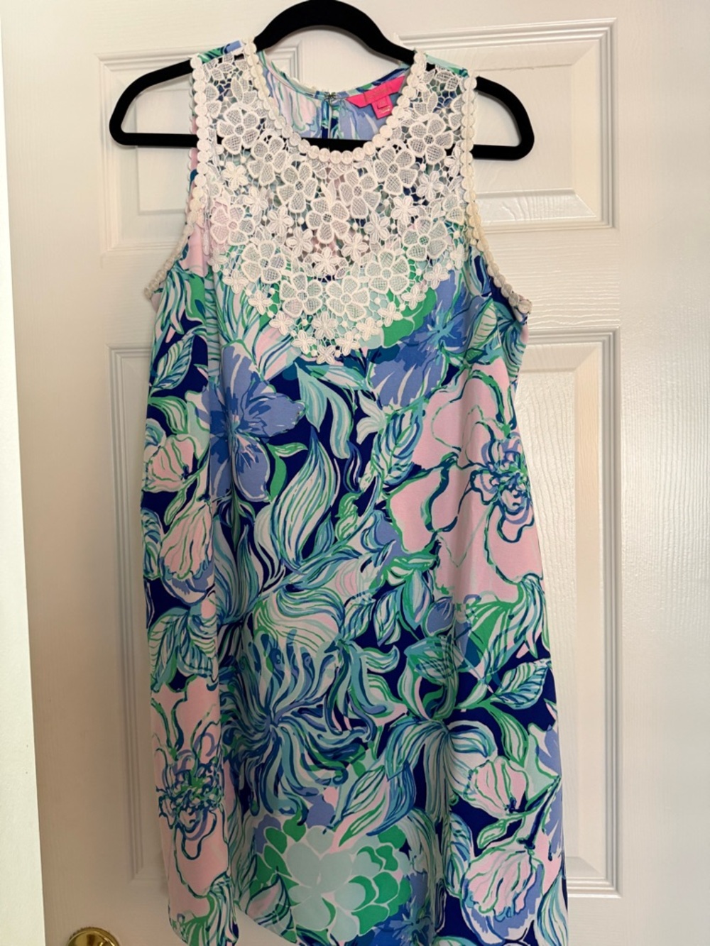 Lilly Pulitzer Pink, Aqua & Navy Floral Dress with White Crochet Yoke
